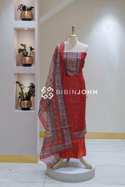 Semi Silk Embroidery Unstitched Salwar Suit Material Brick Red BJ2519