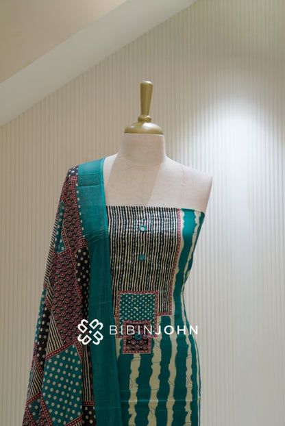 Cotton Embroidery Unstitched Salwar Suit Material Teal Green BJ2251