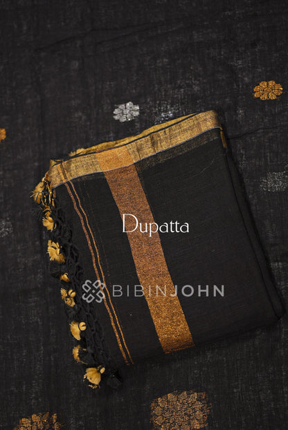 Printed Linen Jamdani Unstitched Salwar Suit Material Black BJ0843