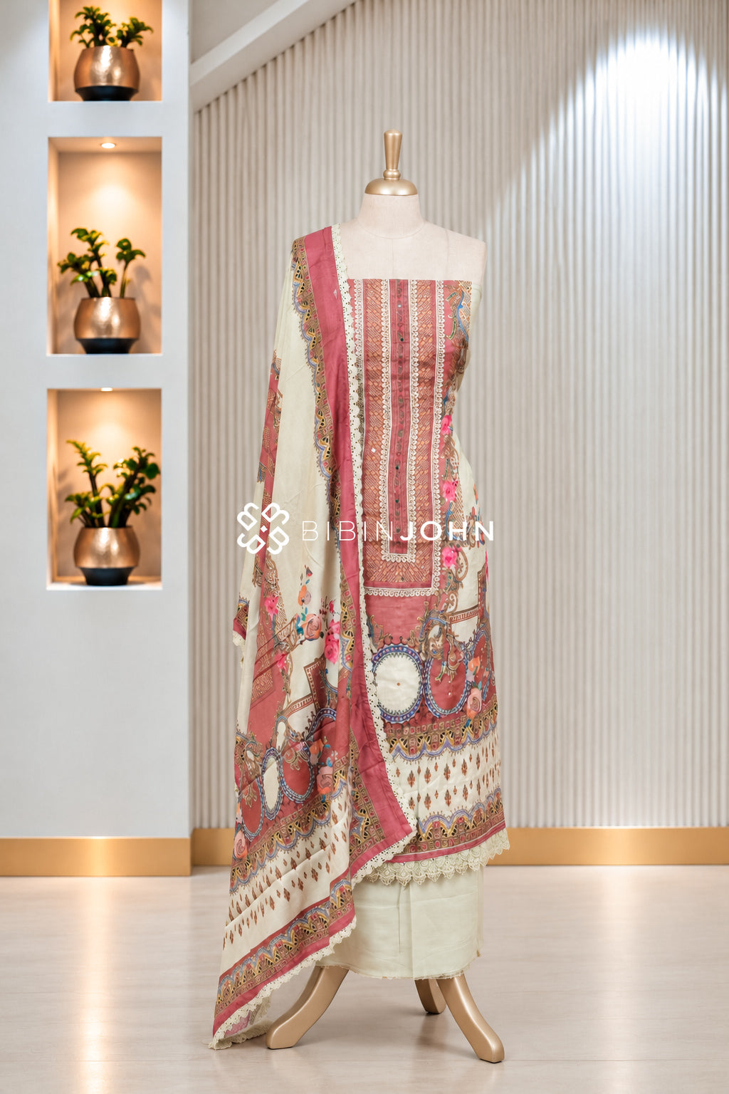 Semi Stitched Muslin Embroidery Salwar Suit Material Ivory Cream BJ1942