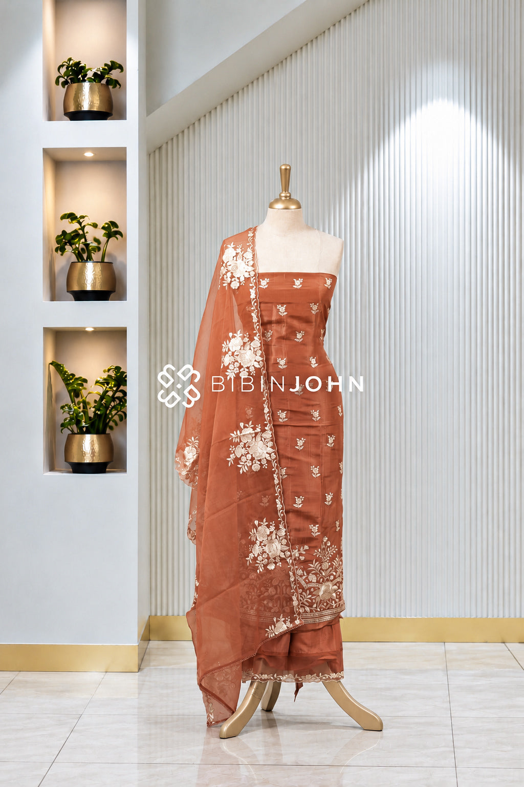 Tissue Organza  Embroidery Unstitched Salwar Suit Material Terracotta Brown BJ1963