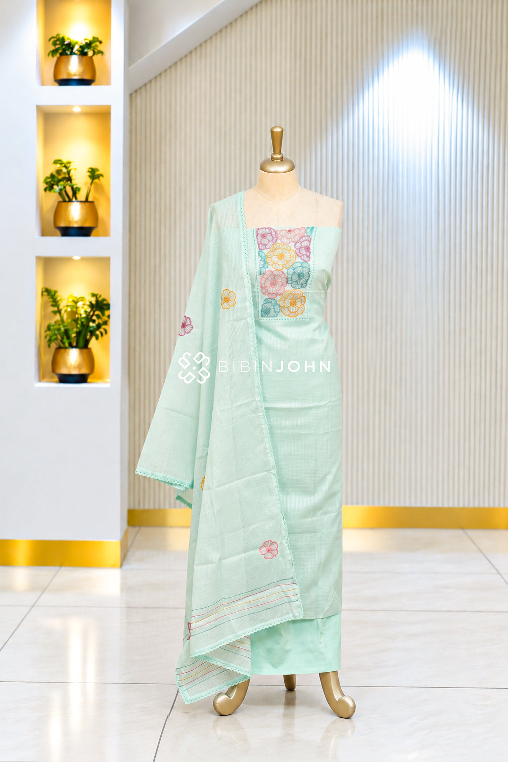 Cotta Embroidery Unstitched Salwar Suit Material Pastel Mint Green BJ2068