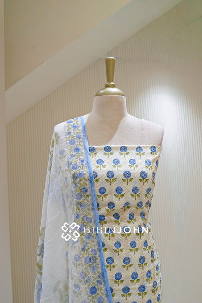 Printed Cotton Unstitched Salwar Suit Material White with Royal Blue BJ2810