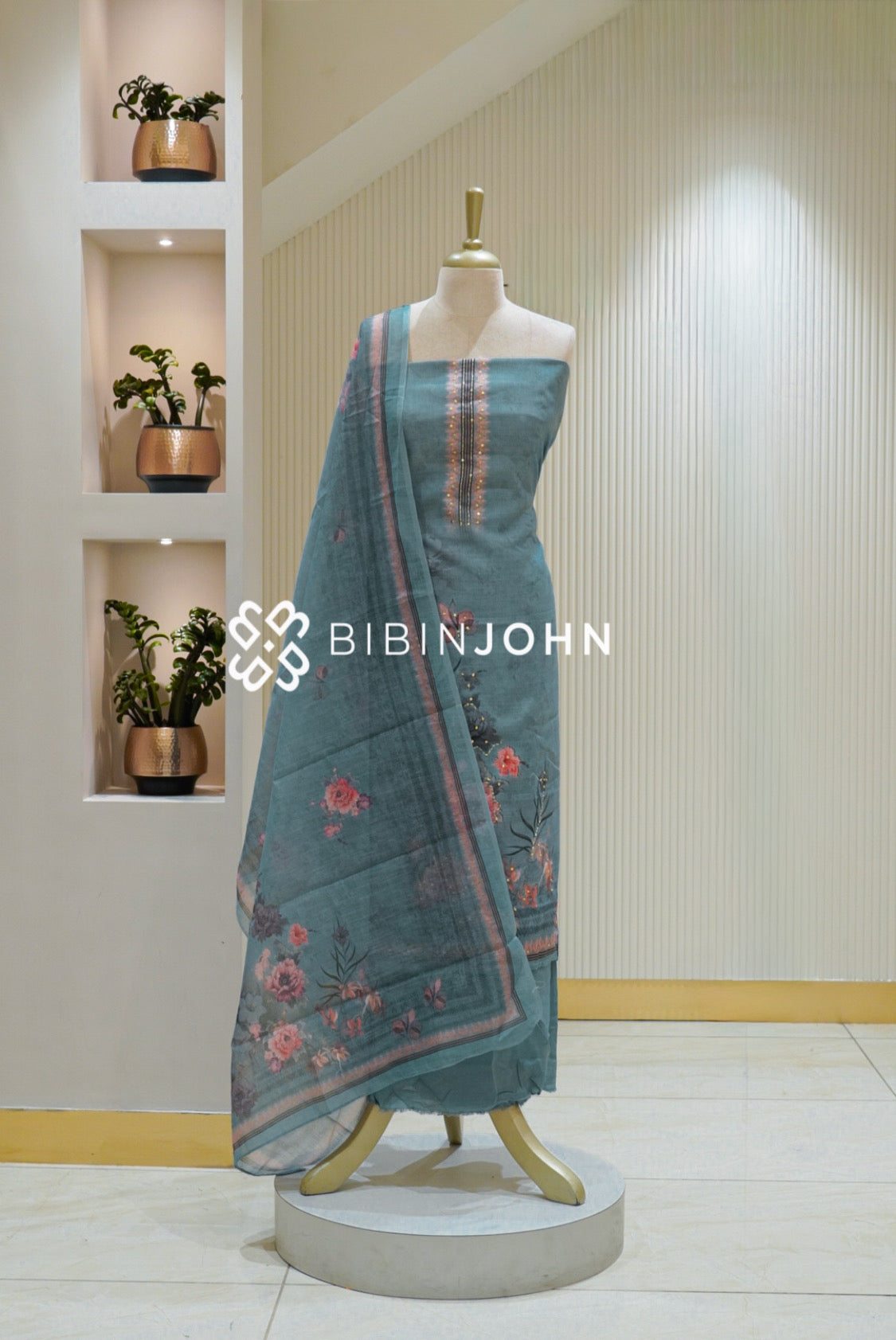 Printed Linen Cotton Embroidery Unstitched Salwar Suit Material Dusty Teal Blue BJ2612