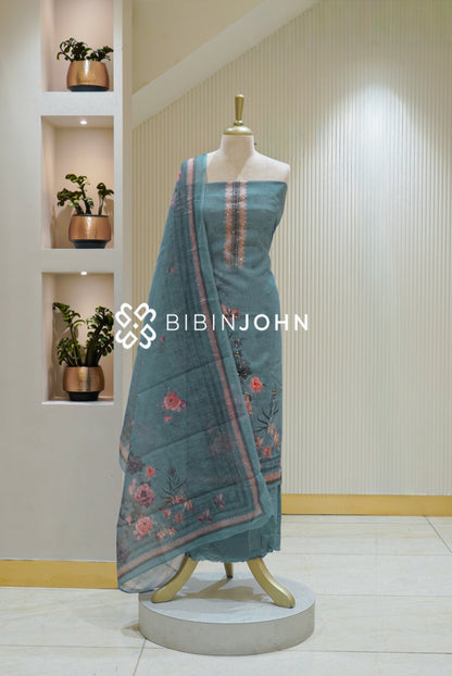 Printed Linen Cotton Embroidery Unstitched Salwar Suit Material Dusty Teal Blue BJ2612