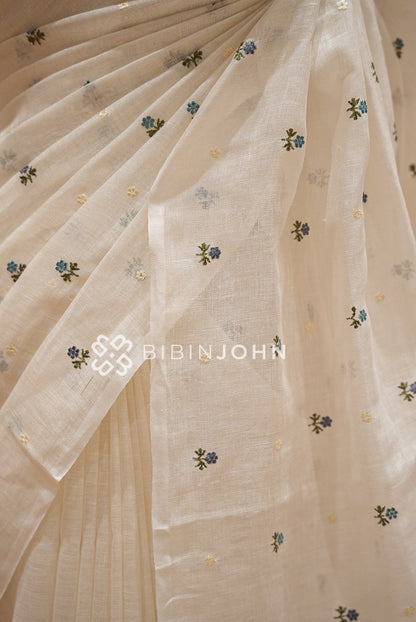 Linen Embroidery Saree Ivory-White BJ0942