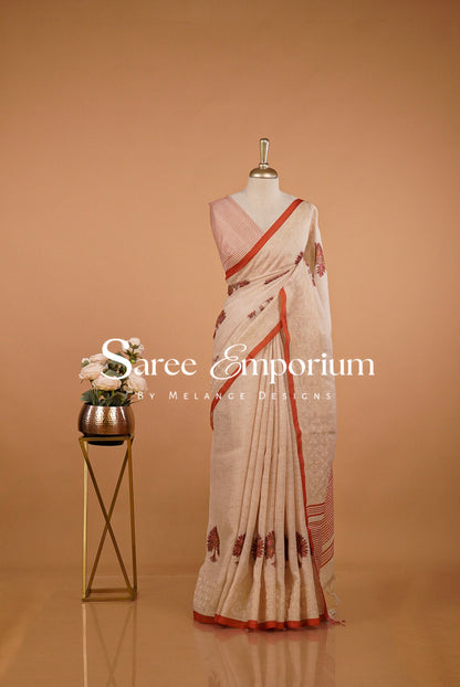 Art Linen Embroidery Saree For Women Beige & Brick BJ057