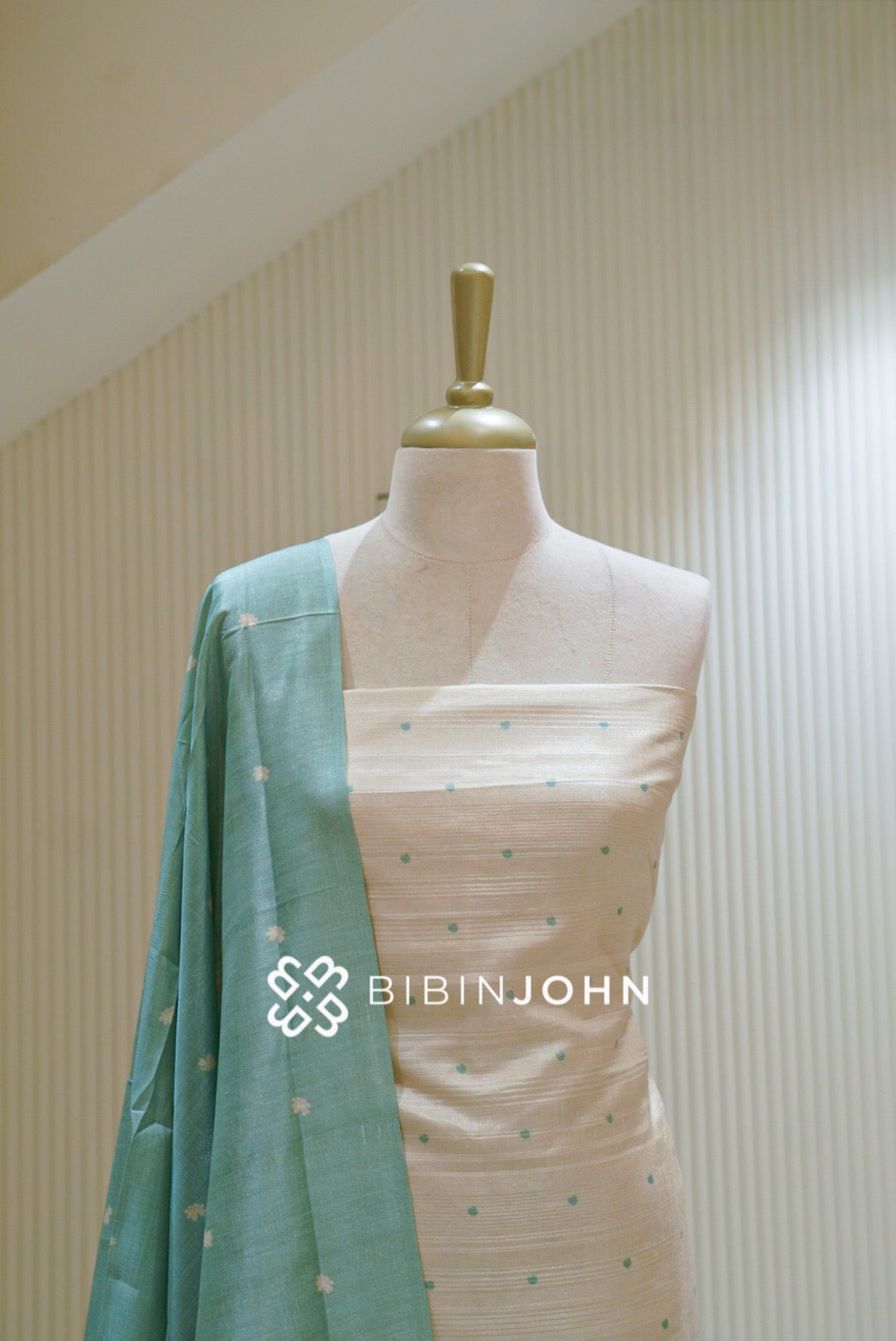 Printed Semi Silk Unstitched Salwar Suit Material Ivory Cream with Sea Green BJ2601