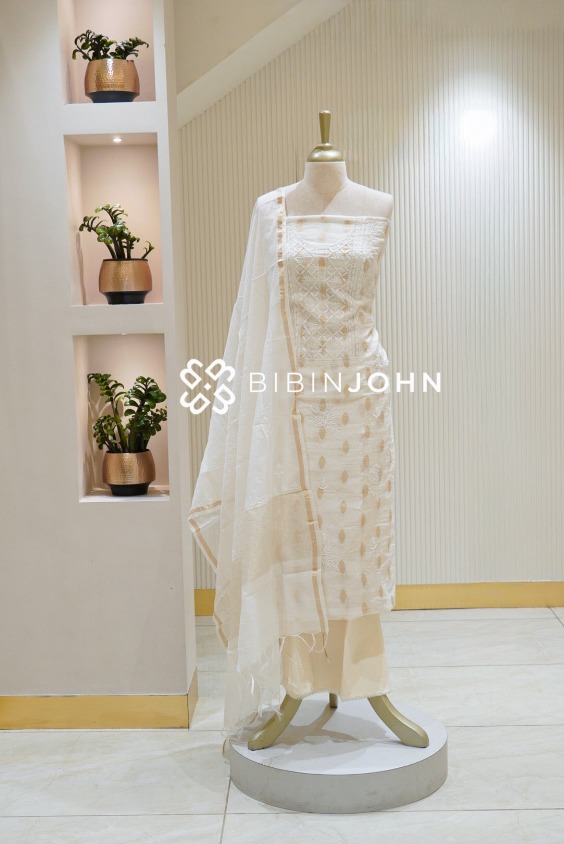 Chanderi Chikankari Unstitched Salwar Suit Material Ivory White BJ2807