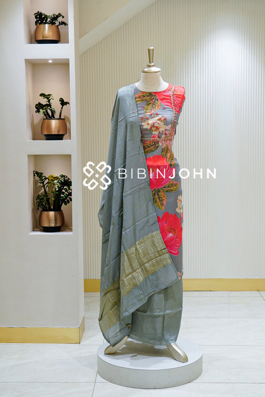 Semi stitched Muslin Embroidery Salwar Suit Material Slate Grey BJ1558