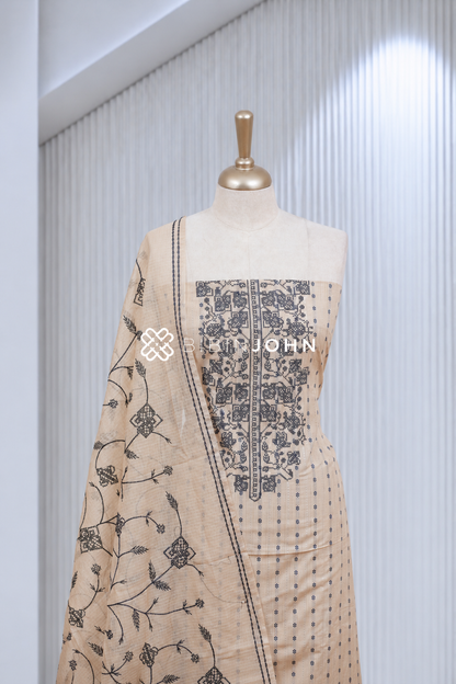 Printed CottonUnstitched Salwar Suit Material Ivory Beige BJ1935