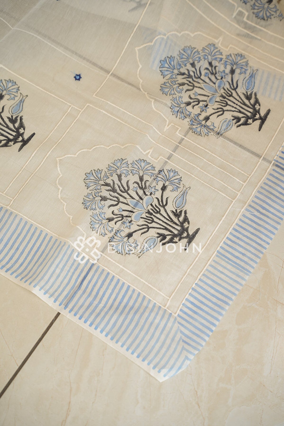 Chanderi Silk Dupatta For Women Ivory White With Powder Blue BJ2393