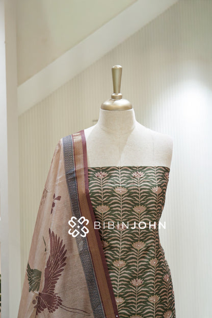 Semi Silk Embroidery Unstitched Salwar Suit Material Deep Forest Green BJ2171
