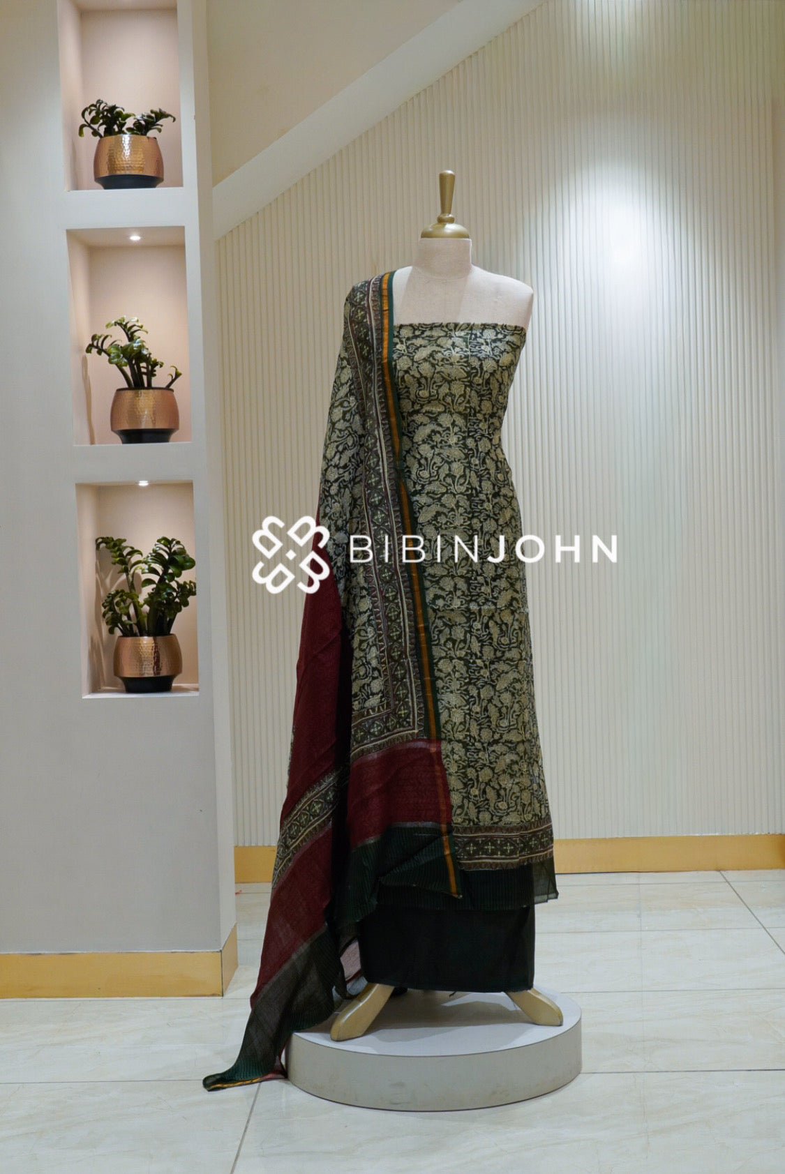 Printed Chanderi Unstitched Salwar Suit Material Olive Green BJ2232