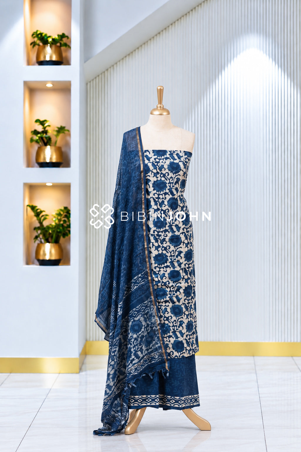 Printed Cotton Unstitched Salwar Suit Material Navy Blue With Ivory BJ1973