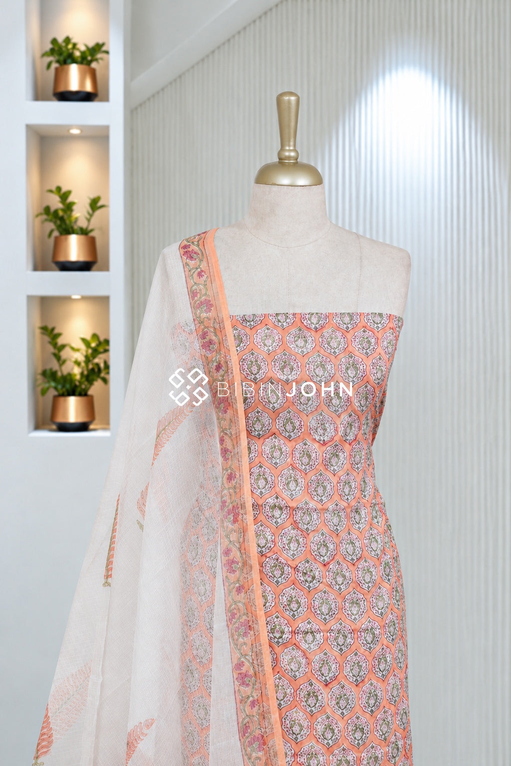 Printed Cotton Unstitched Salwar Suit Material Peach Orange BJ2051