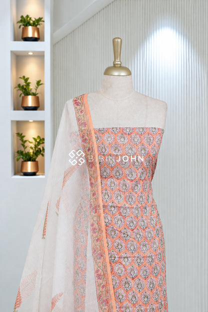 Printed Cotton Unstitched Salwar Suit Material Peach Orange BJ2051