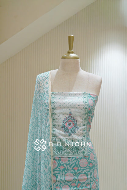 Cotton Embroidery Unstitched Salwar Suit Material Aqua Blue BJ2764