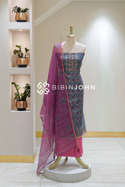 Cotta Embroidery Unstitched Salwar Suit Material Turquoise Blue With Magenta Pink BJ2497