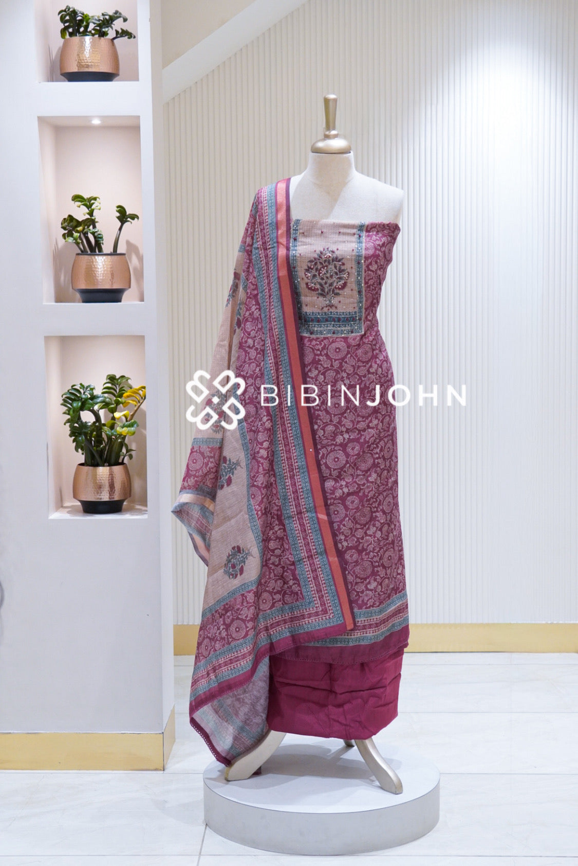 Printed Silk Embroidery Unstitched Salwar Suit Material Dusty Magenta BJ1706