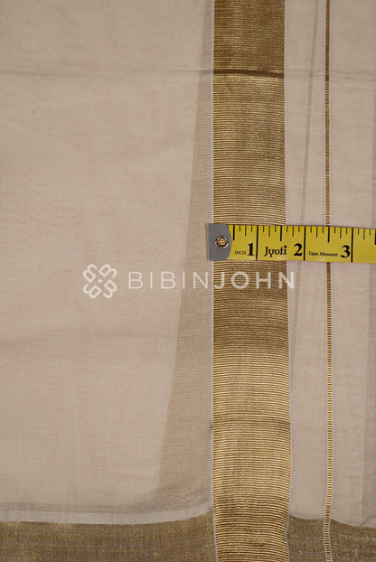  Cotton Dhoti For Men Off White with Golden Kasavu Border close view.