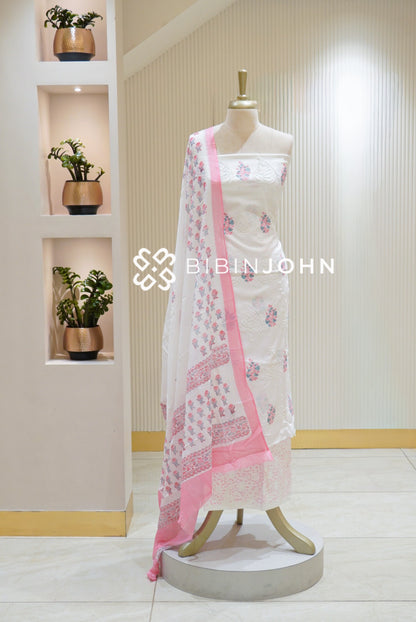 Cotton Embroidery Unstitched Salwar Suit Material Off White With Baby Pink BJ2813