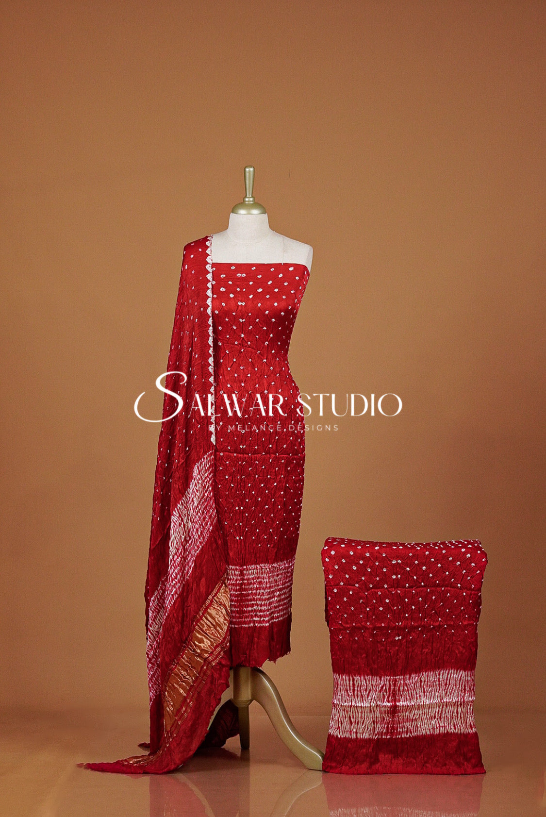 Pure Bandhani Unstitched Salwar Suit Dress Material Red AC0312