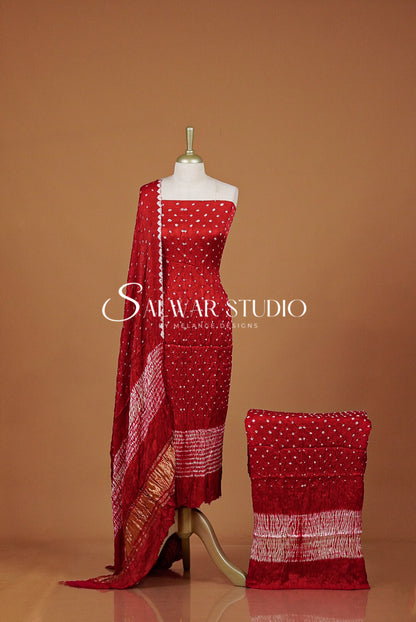 Pure Bandhani Unstitched Salwar Suit Dress Material Red AC0312