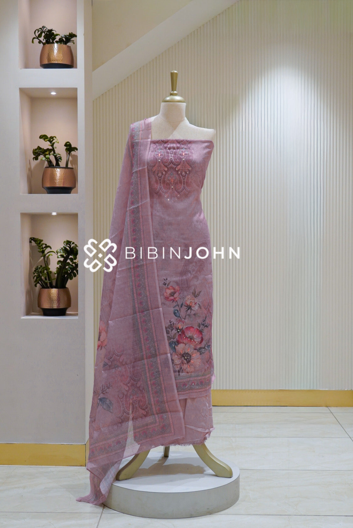 Printed Linen Cotton Embroidery Unstitched Salwar Suit Material Dusty Rose Pink BJ2613