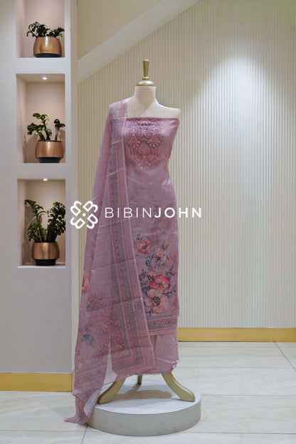 Printed Linen Cotton Embroidery Unstitched Salwar Suit Material Dusty Rose Pink BJ2613