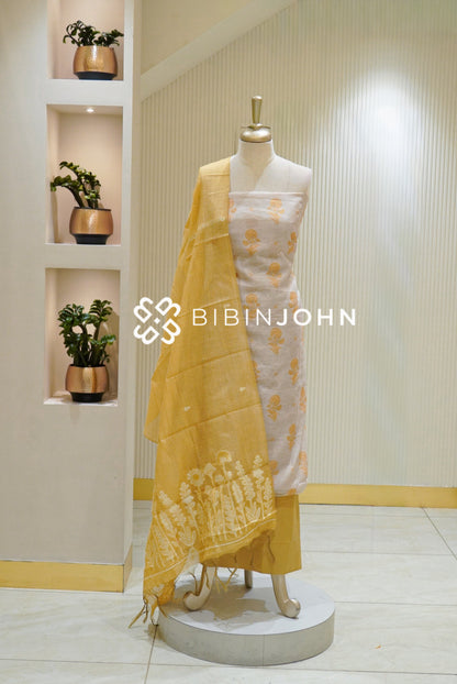Printed Chanderi Unstitched Salwar Suit Material Off White With  Mustard Yellow BJ2752