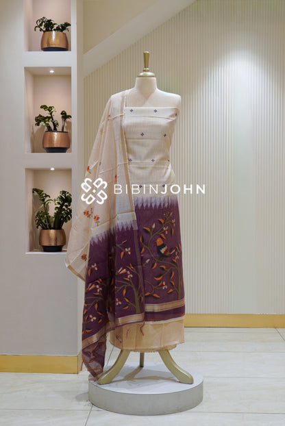 Chanderi Embroidery Weaving Unstitched Salwar Suit Material Ivory Cream With Plum Purple BJ2607