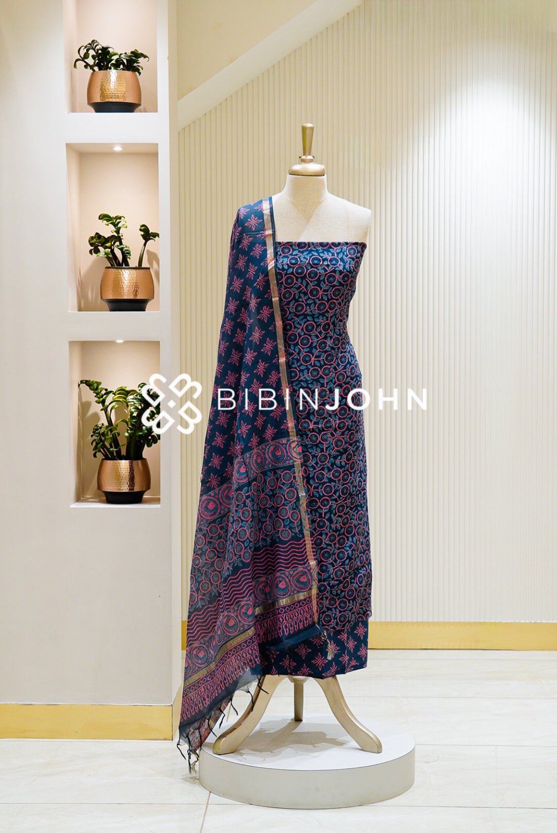 Printed Chanderi Unstitched Salwar Suit Material Navy Blue BJ1121