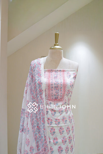 Printed Cotton Unstitched Salwar Suit Material Off White With Baby Pink  BJ2814