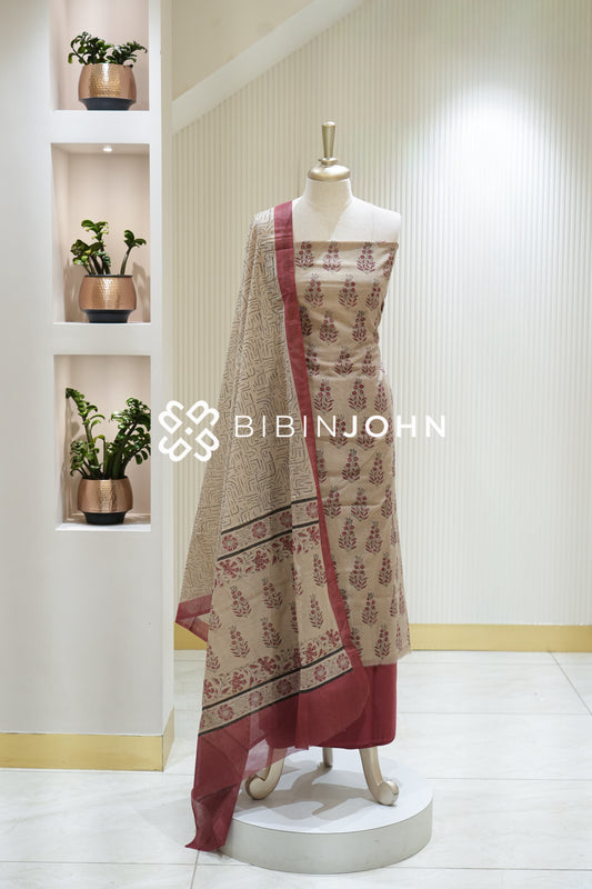 Chanderi Printed Unstitched Salwar Suit Materials  Maroon, Cream & Muted Grey  BJ2218