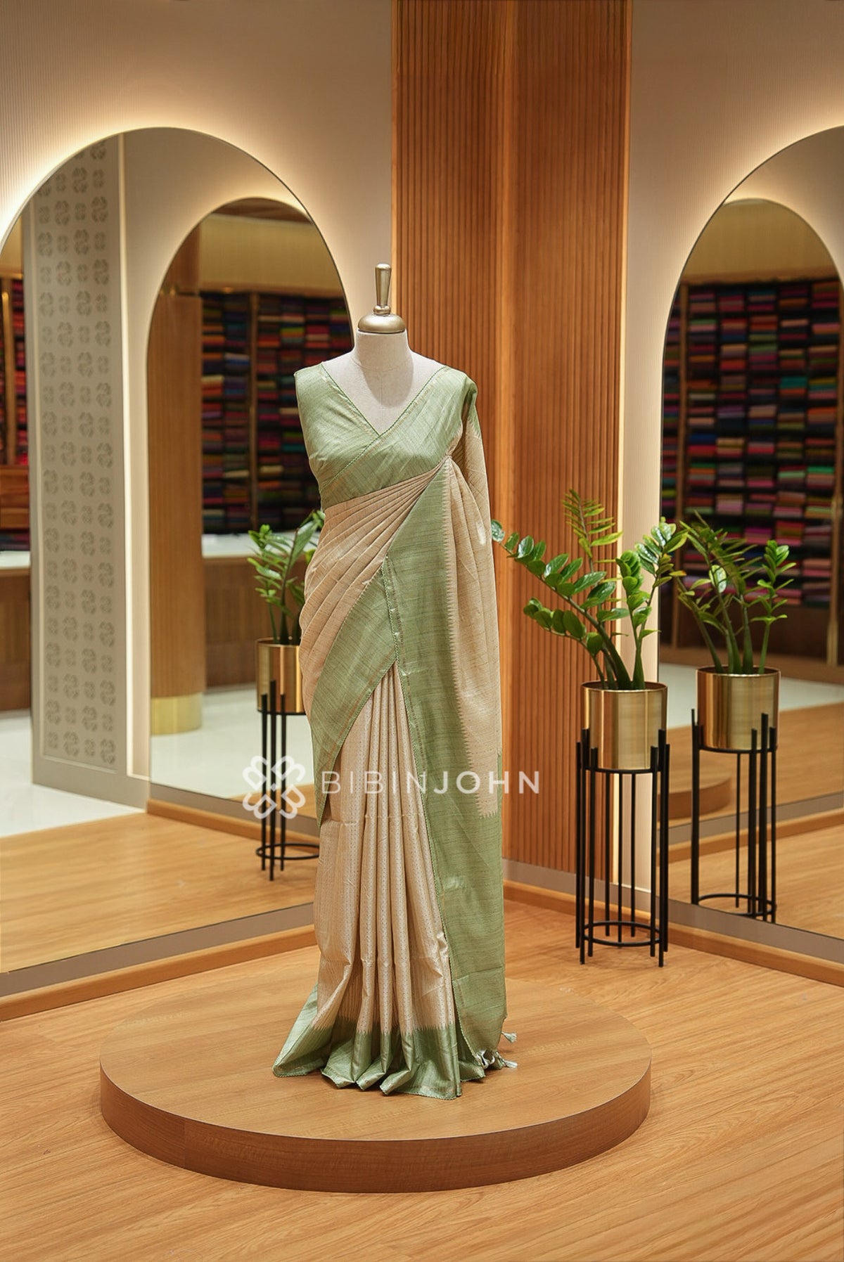 Semi Tussar Weaving Saree For Women Sage Green and Beige BJ2656