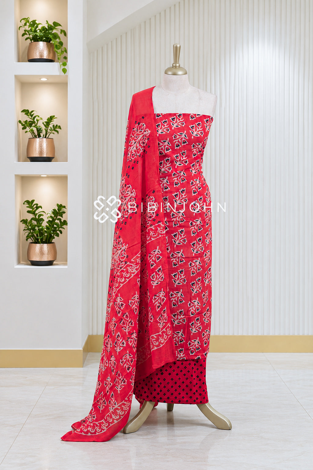 Printed Cotton Unstitched Salwar Suit Material Bright Red BJ1846