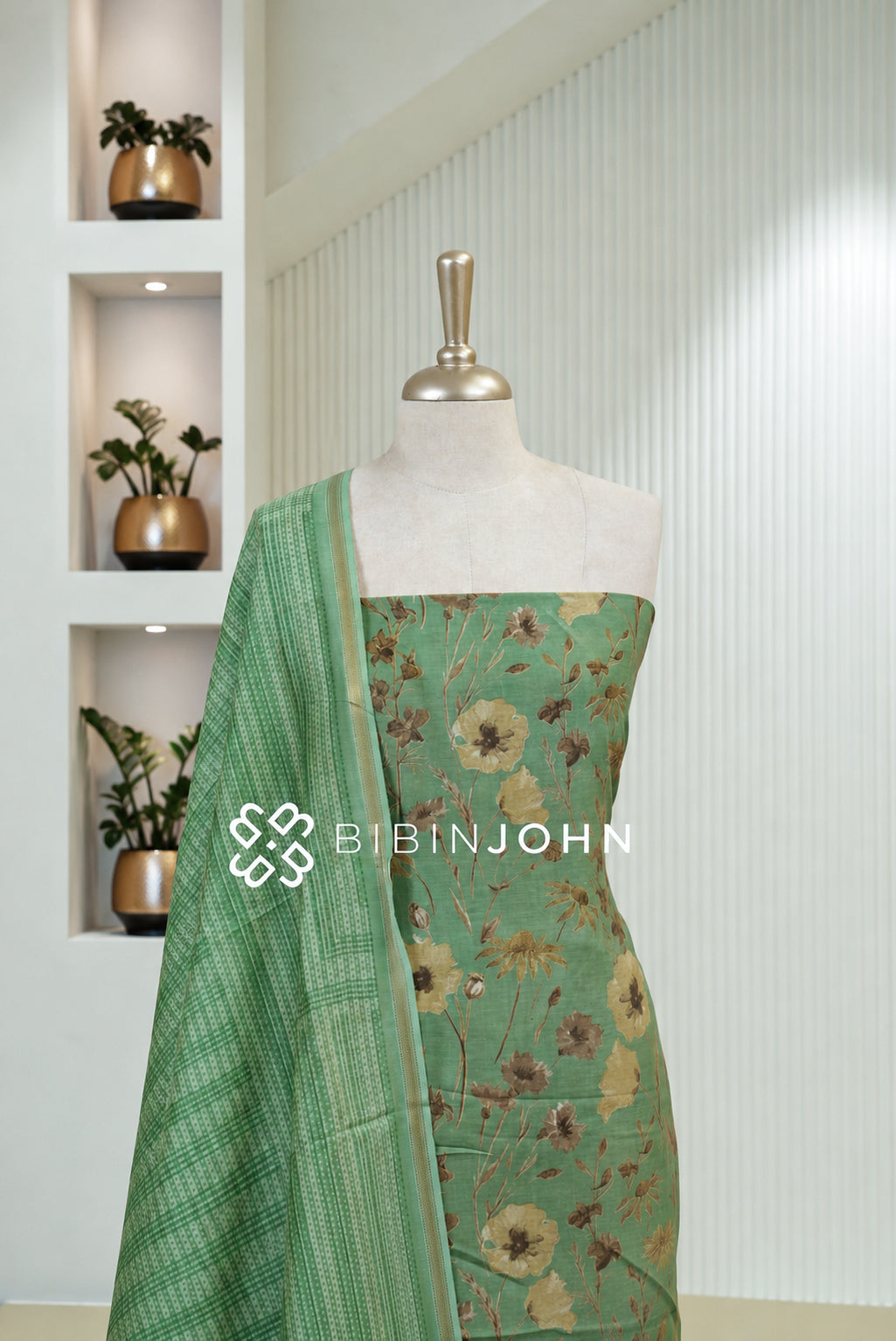 Printed Chanderi Unstitched Salwar Suit Material Muted Jade Green BJ1799