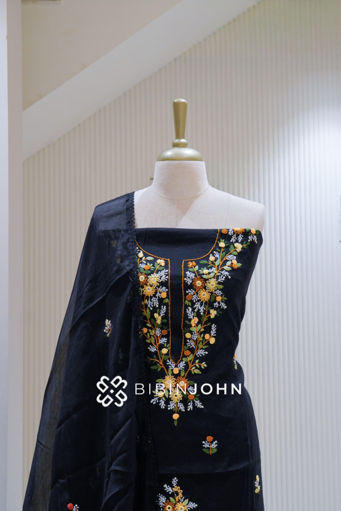Chanderi Embroidery Unstitched Salwar Suit Material Black BJ2615