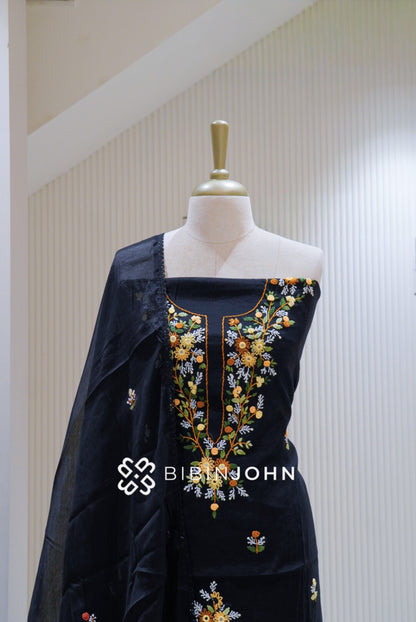 Chanderi Embroidery Unstitched Salwar Suit Material Black BJ2615