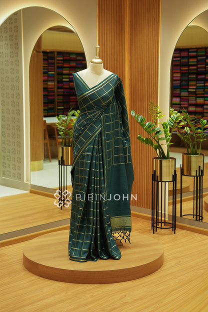 Semi Tussar Weaving Saree For Women Deep Bottle Green BJ2333