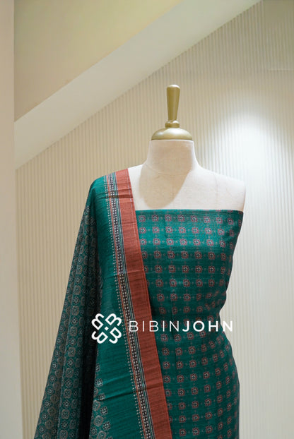 Printed Chanderi Unstitched Salwar Suit Material Peacock Green BJ2844