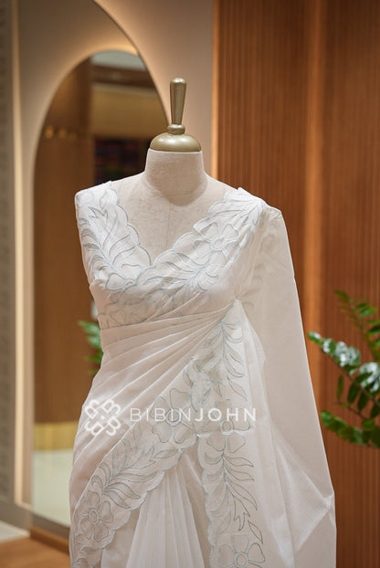 Cotta Embroidery Saree Ivory & Powder Blue BJ1052