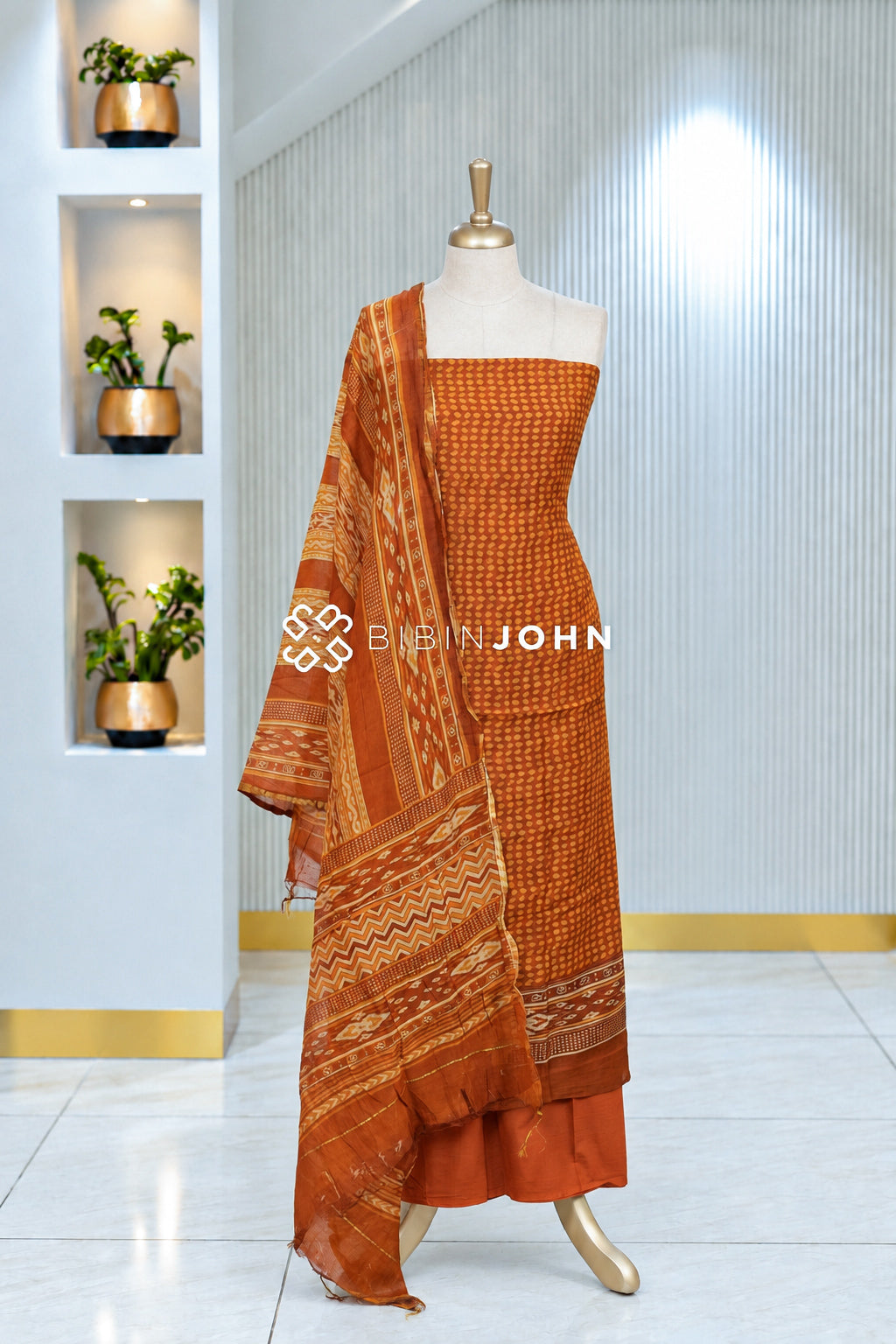 Printed Chanderi Unstitched Salwar Suit Material  Burnt Orange BJ2055