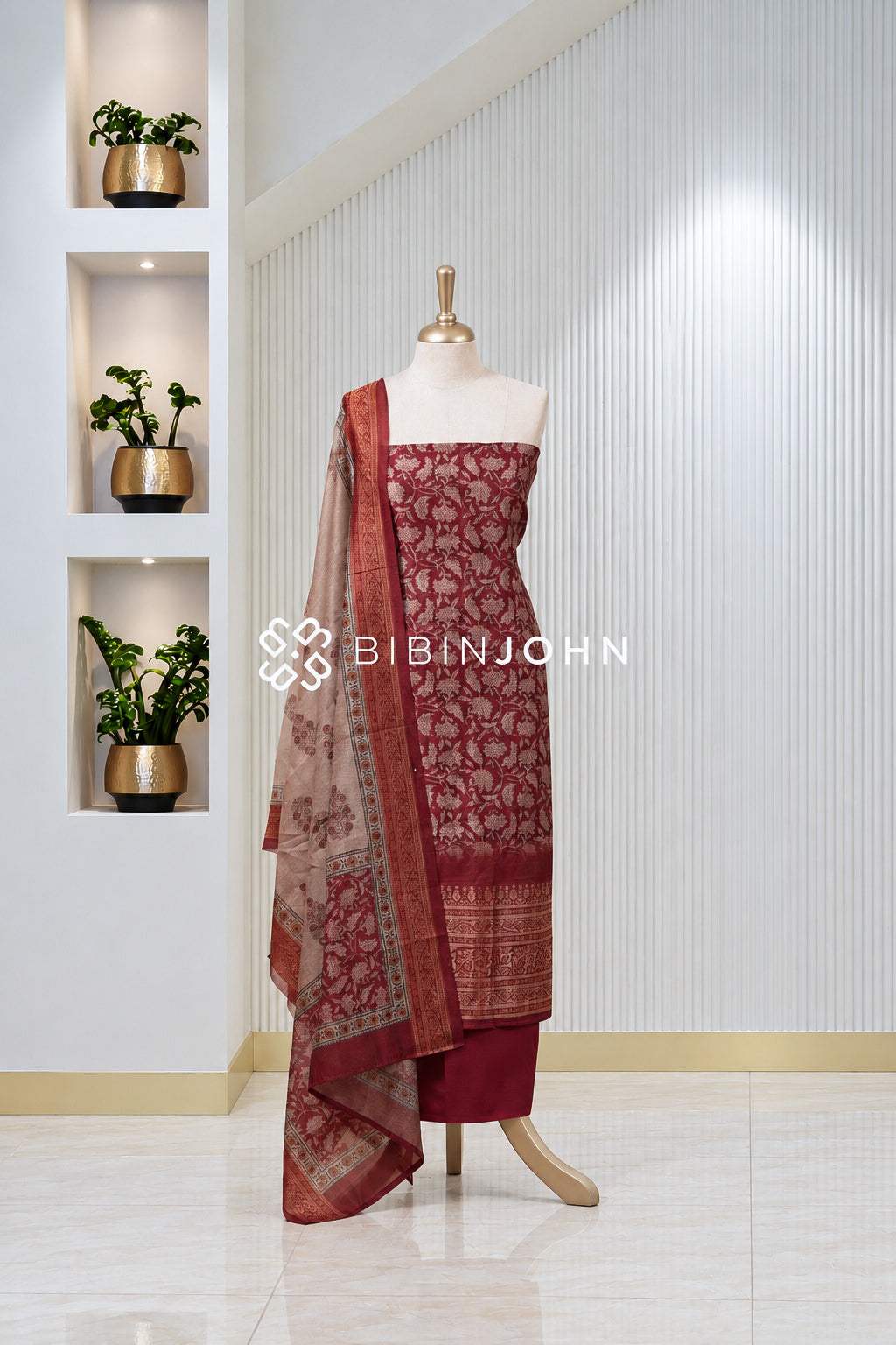 Printed Chanderi Unstitched Salwar Suit Material Maroon Red BJ1823