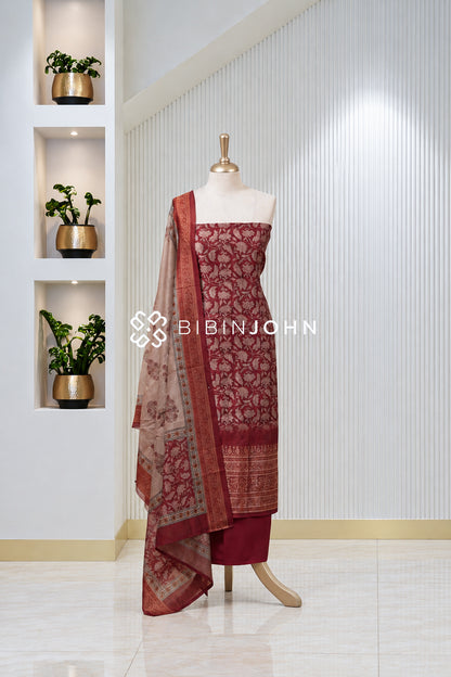 Printed Chanderi Unstitched Salwar Suit Material Maroon Red BJ1823
