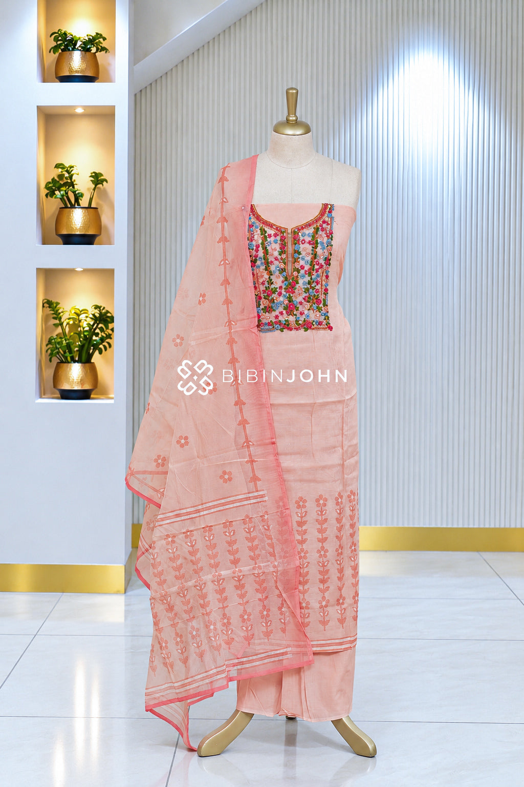 Cotta Embroidery Unstitched Salwar Suit Material Pastel Peach Pink BJ2067