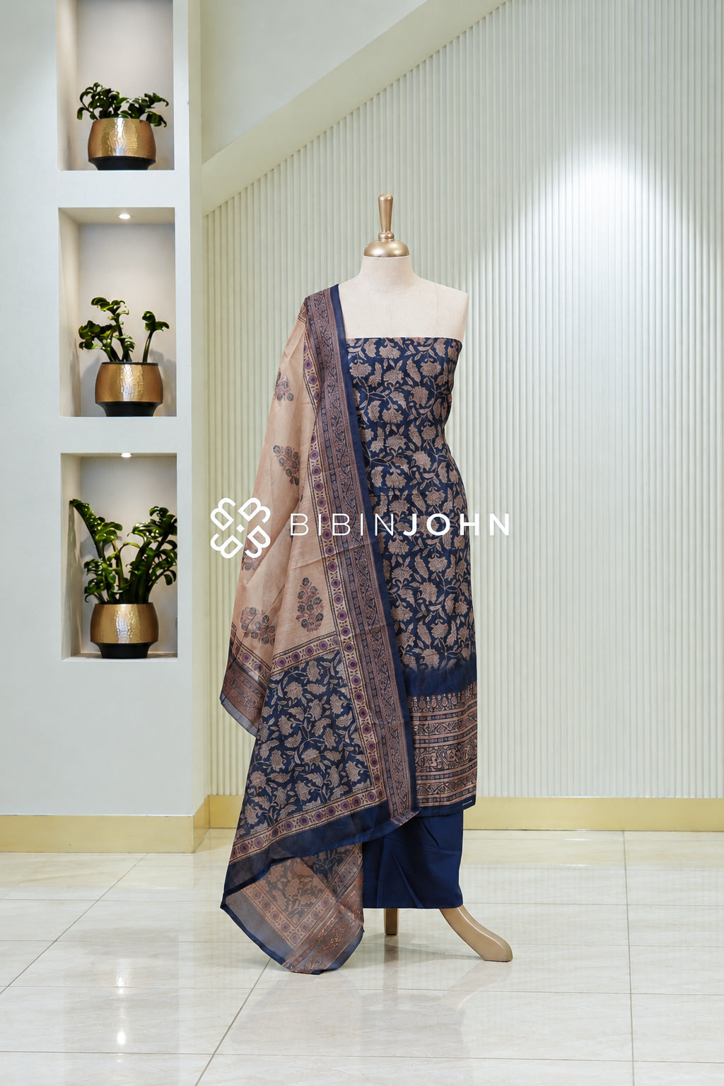 Printed Chanderi Unstitched Salwar Suit Dress Material Navy Blue BJ1826