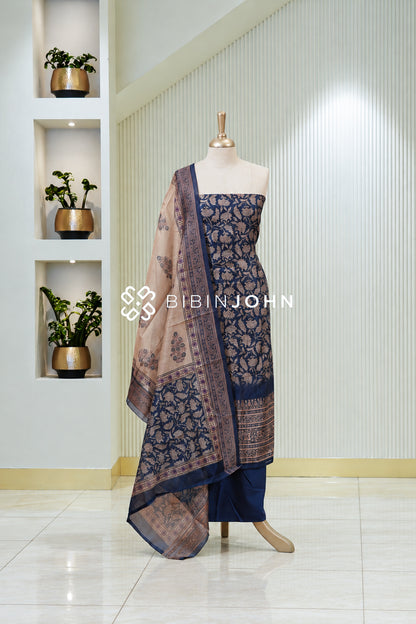 Printed Chanderi Unstitched Salwar Suit Dress Material Navy Blue BJ1826