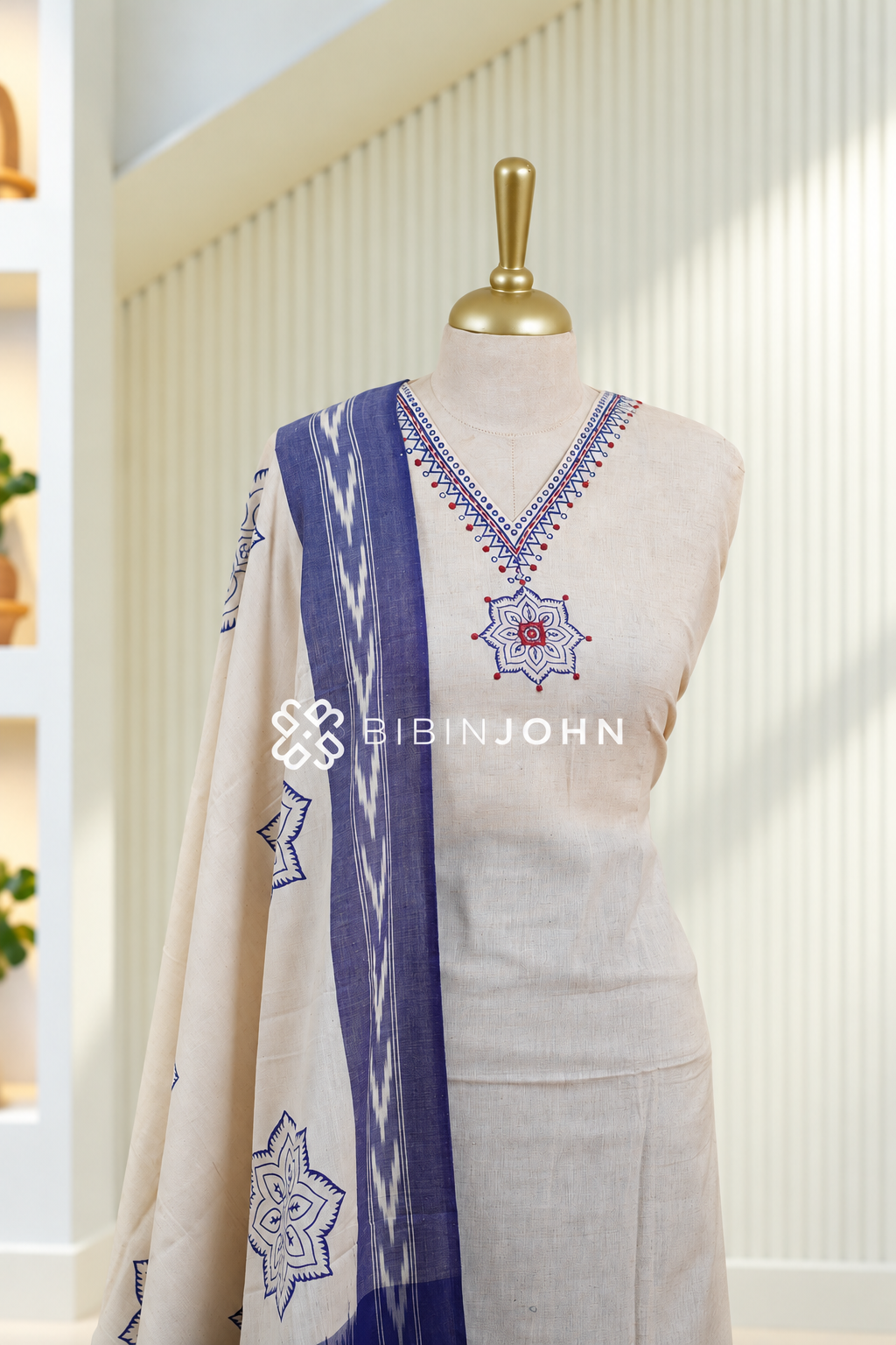 Semi Stitched Cotton Embroidery Salwar Suit Material Ivory Cream with Royal Blue BJ1839